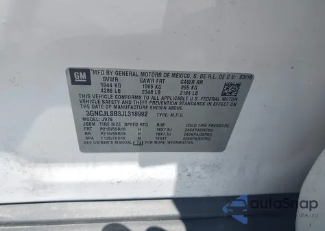 2018 Chevrolet Trax Lt из США, поврежденный, VIN 3GNCJLSB3JL318992